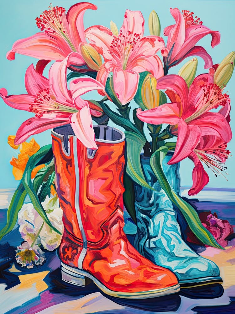 Oil Painting Of Pink And Red Flowers And Cowboy Boots, Oil Style 3