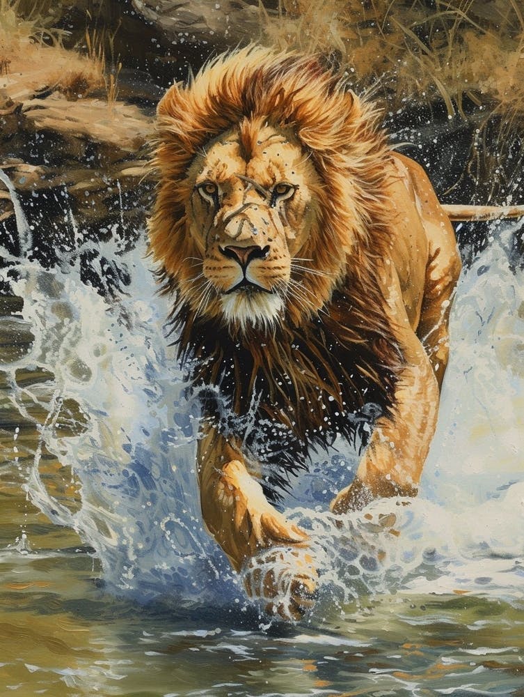 African Lion Crossing A River Acrylic Painting 2