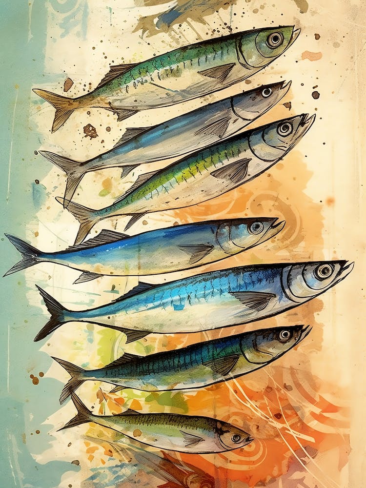 Sardines  Watercolour Vintage Art