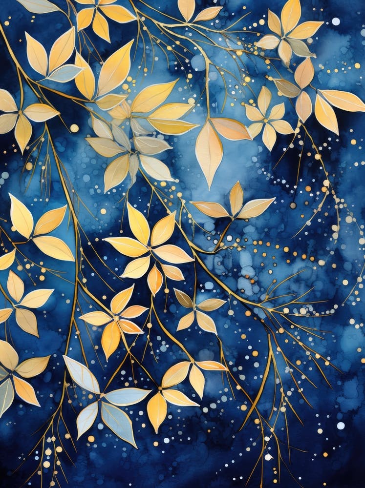 Golden Leaves On Blue Background