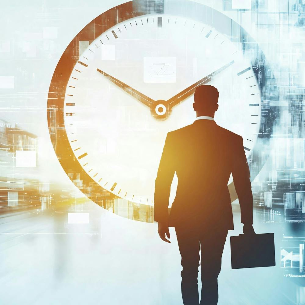 Businessman Walking In Front Of Clock