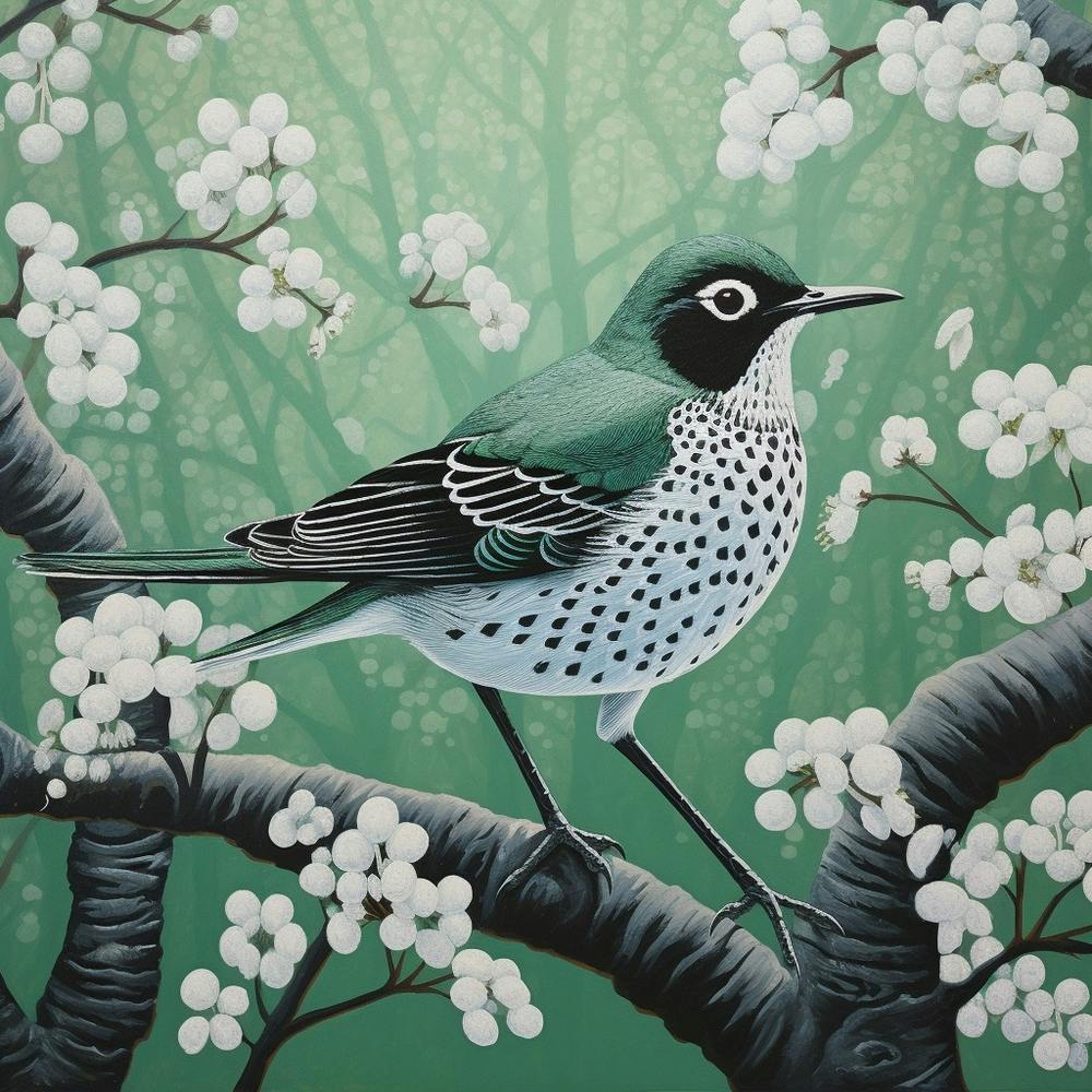 Ohara Koson Inspired Bird Painting Hermit Thrush 1 Square