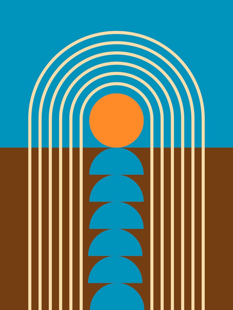Sunrise Sunset Midcentury Modern Geometric Abstract 2 In Retro Vibes Brown Blue 01
