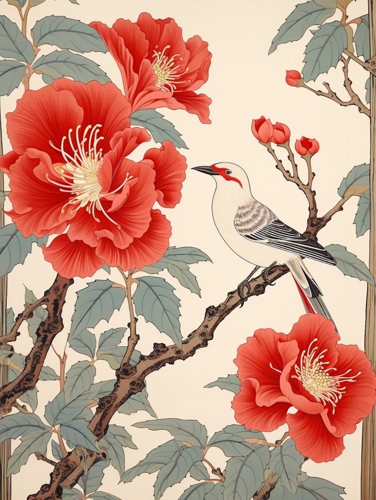 Camellia And Bird Vintage Japanese Botanical