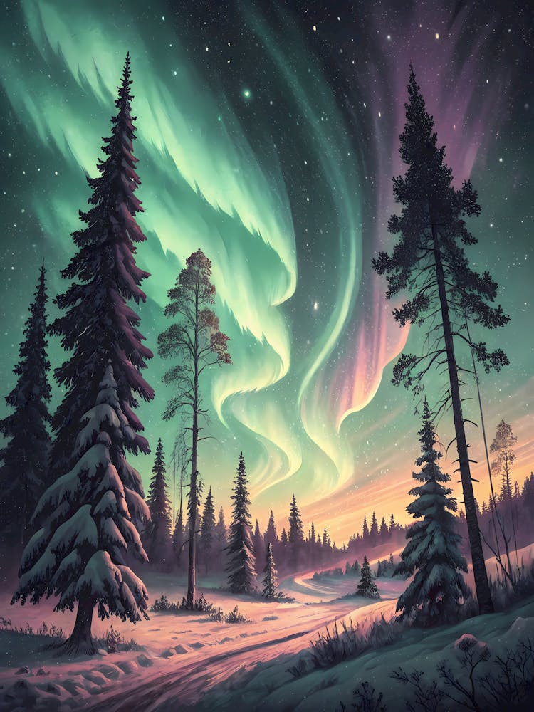 Vintage Style Northern Lights Over Scandinavian F