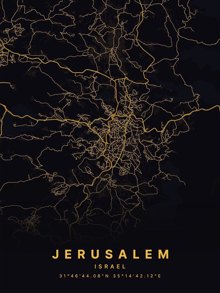 Jerusalem Israel Black And Gold Map