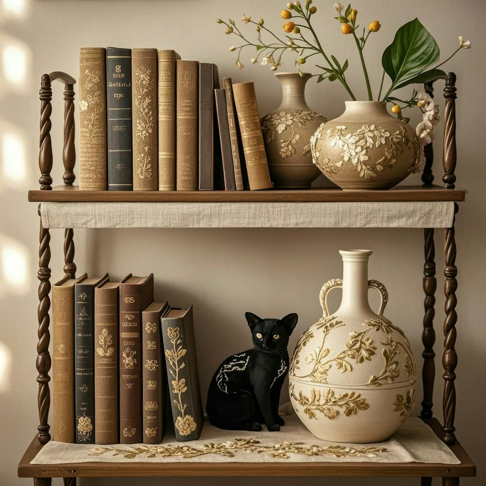 Book Shelf With Books And Vases