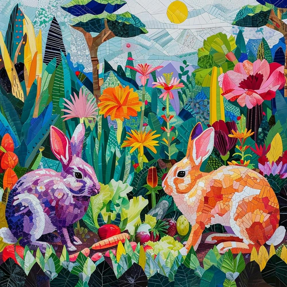 Rabbits Munching On Vegetables In The Field Kitsch Collage 1