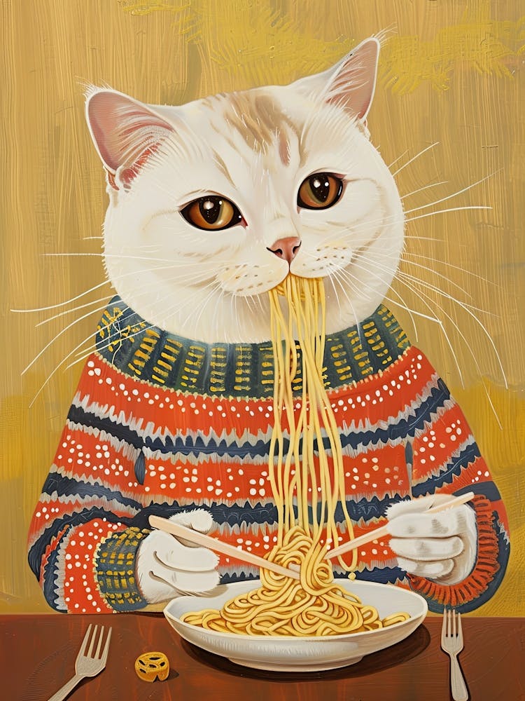 Cosy Cat Pasta Lover Folk Illustration 2
