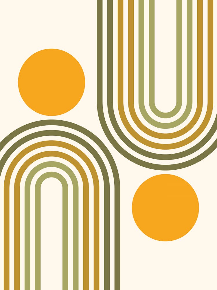 Mid Century Modern Geometric Rainbow And Sun Abstract A1 In Tropical Sage Gold Earthy 01