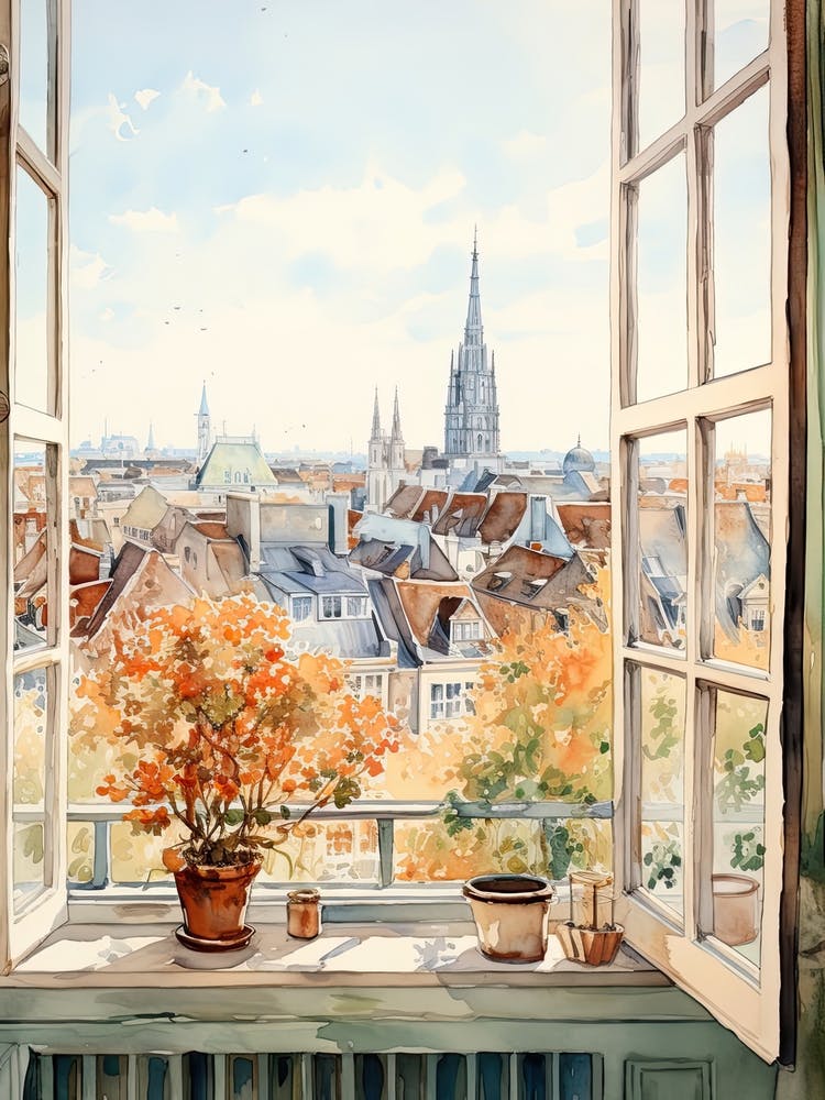 Window View Of Brussels Belgium In Autumn Fall, Watercolour 2