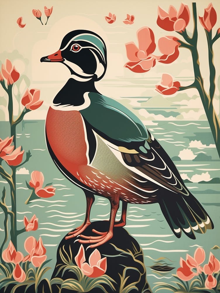 Vintage Bird Linocut Wood Duck 2