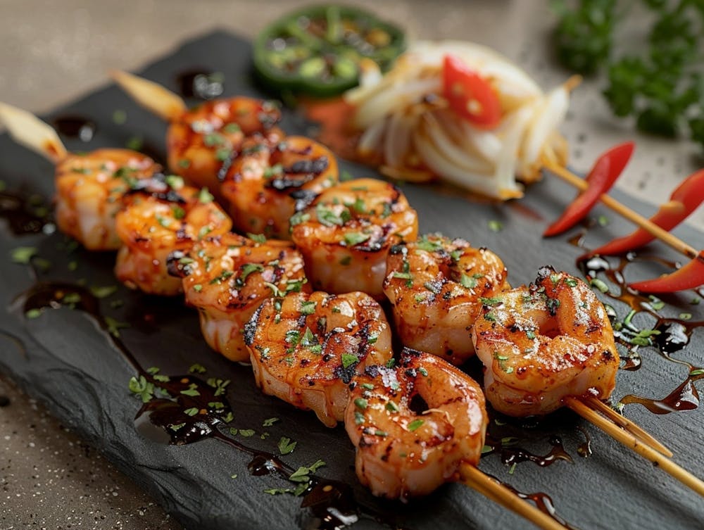 Photography Of 2 Skewers With Fully Peeled Black Tiger Shrips In A Marinade Regarding To This Picture