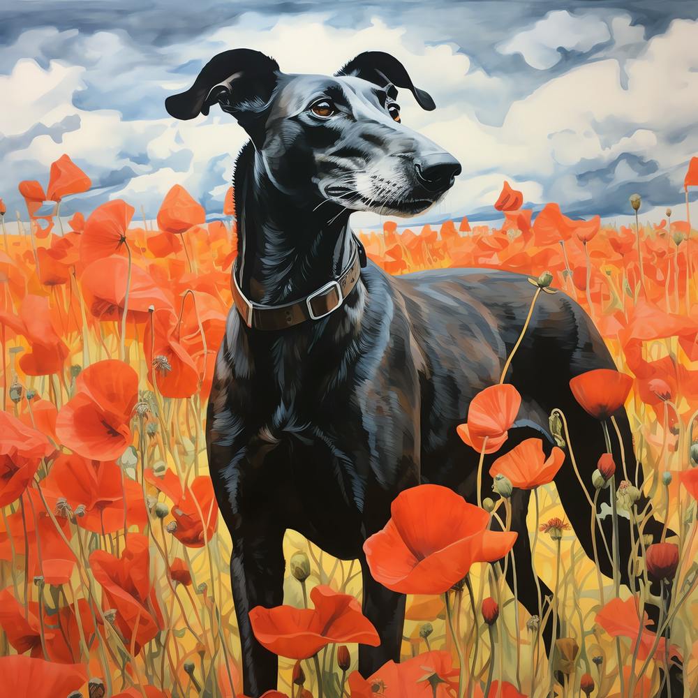 Black Greyhound in Poppy Field