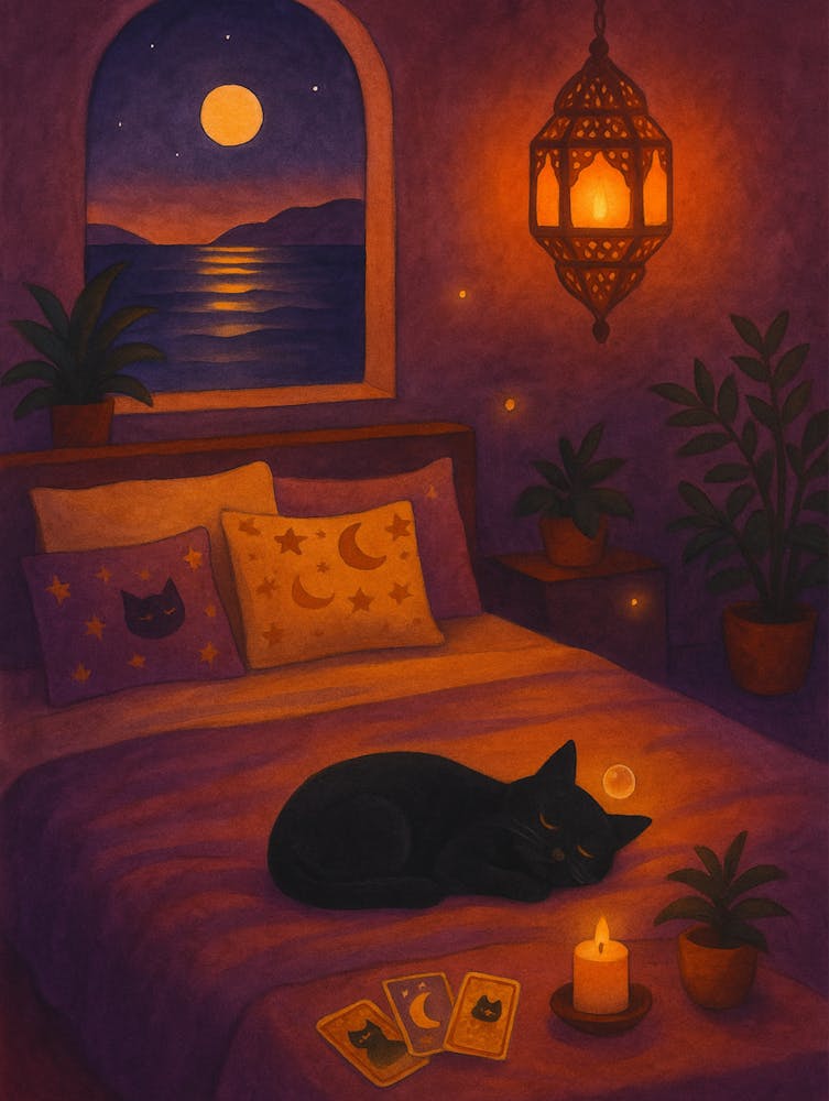 Bedtime Magic Poster – Sleeping Black Cat under the Moon