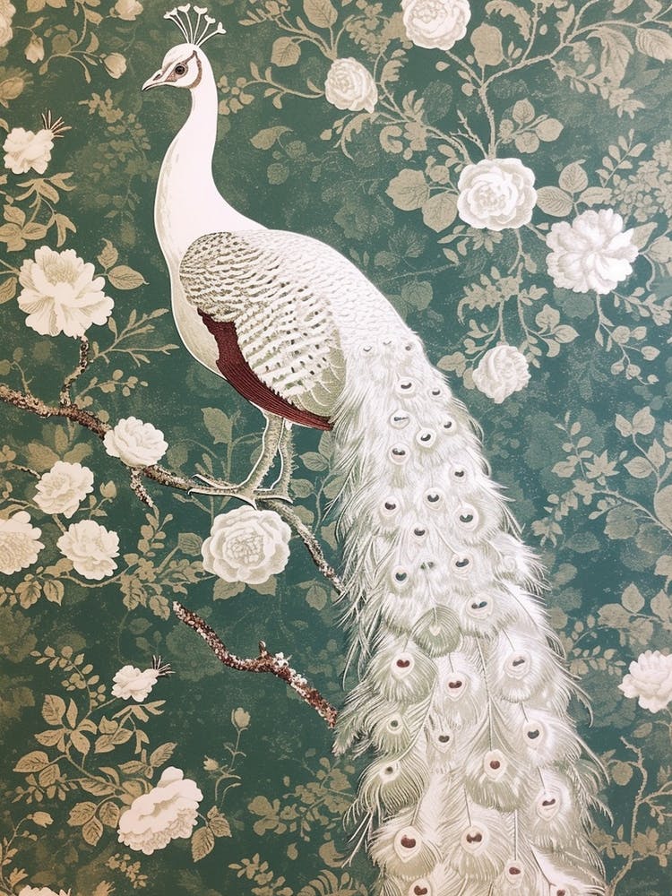 White Peacock Vintage Floral Wallpaper 1