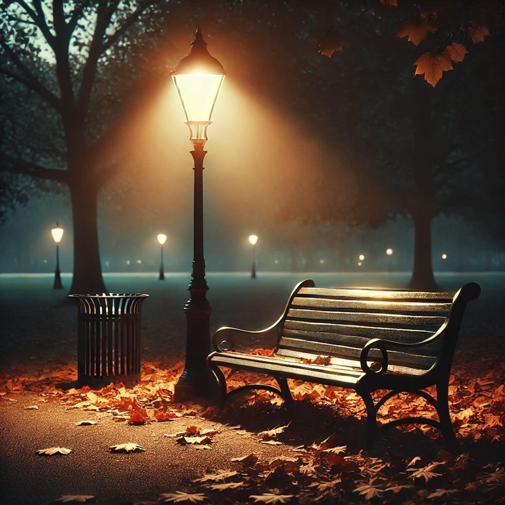 Lonely Park Bench at Dusk Wall Art: A Melancholic Scene with Autumn Leaves and Soft Streetlamp Glow for Reflective Decor Print Art