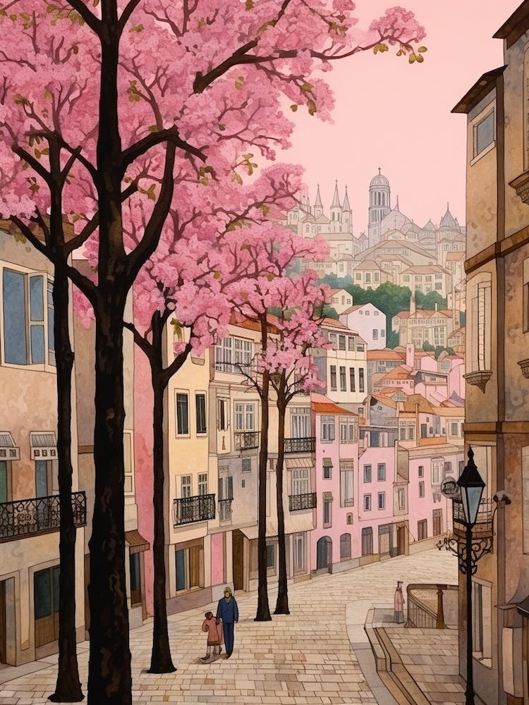 Porto Portugal 4 Vintage Pink Travel Illustration