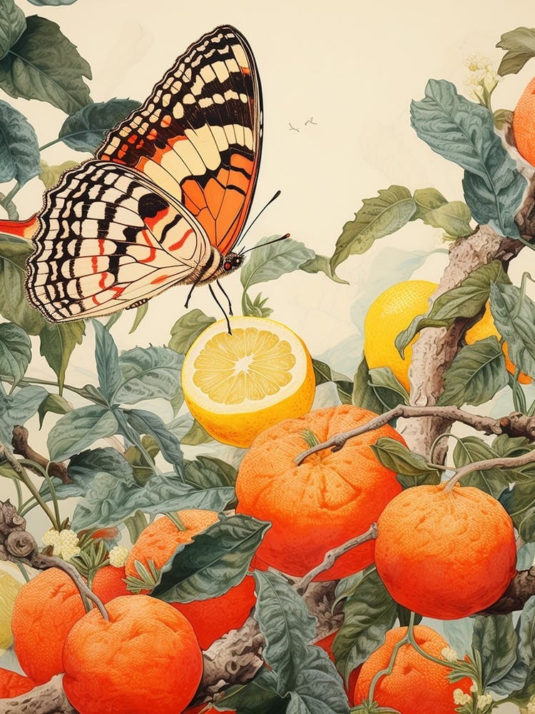 Butterfly With Fruit Japanese Style Painting 2