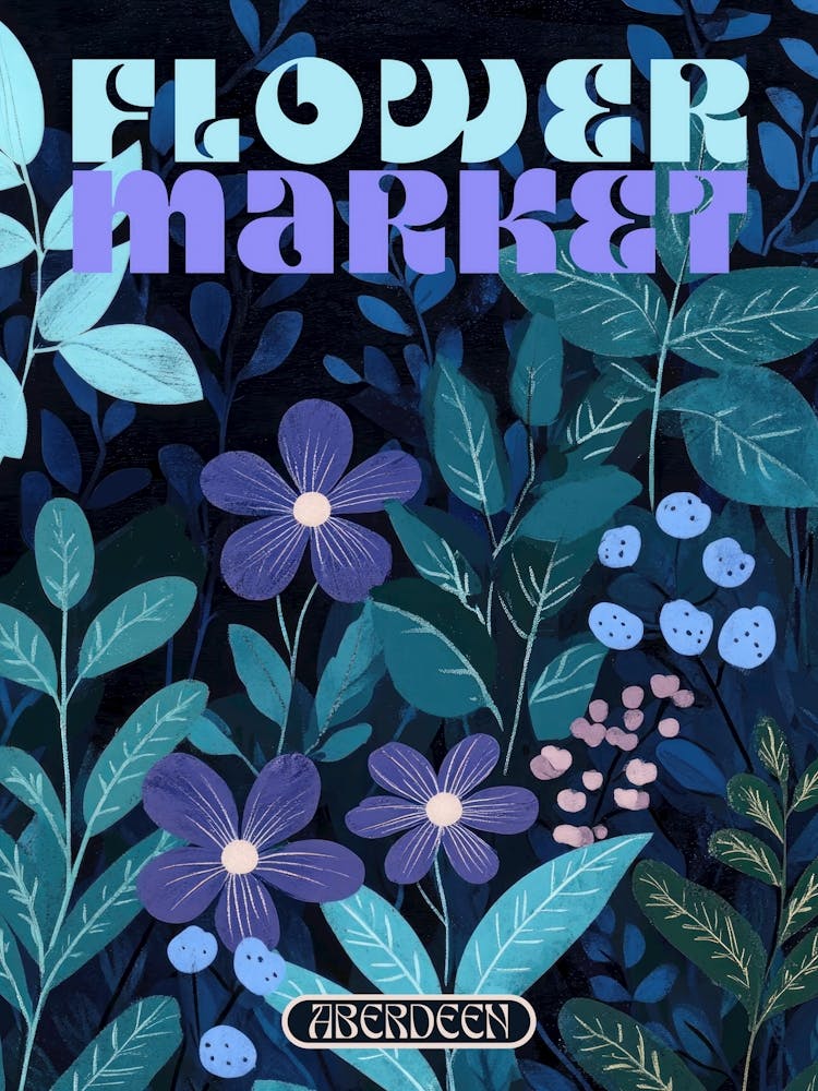 Aberdeen Impression de ville, Affiche marché aux fleurs aux bleus foncés, Illustration florale esthétique rétro avec typographie style années 70, Tirages de voyage vintage parfaits pour salons éclectiques, chambres, cuisines, entrées