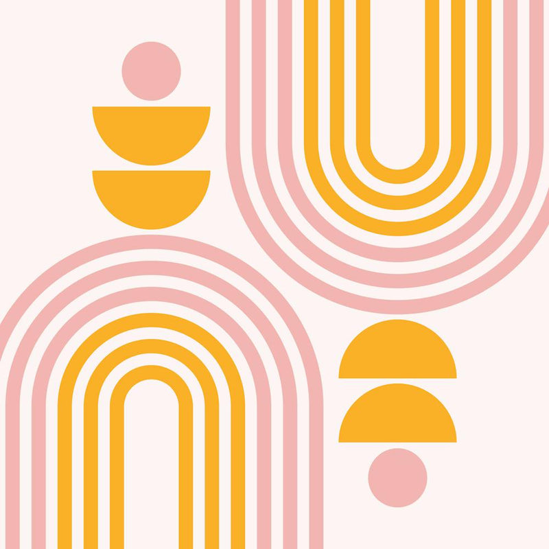 Midcentury Modern Geometric Arch Sun Abstract 6 In Pale Pink Mustard Yellow 02