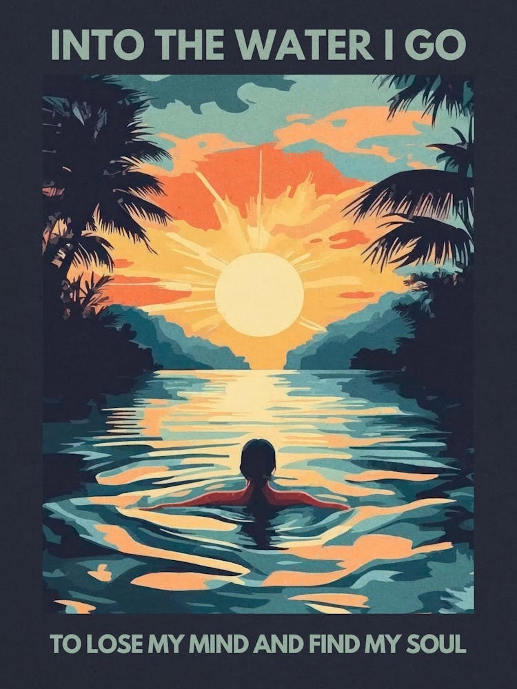 Into the water I go to lose my mind and find my soul swimmer in Sunset, wanderlust aesthetic artwork in blues and golds in the style of vintage travel posters for nature lovers, landscape wall art for bathrooms, coastal decor and calm spaces 2
