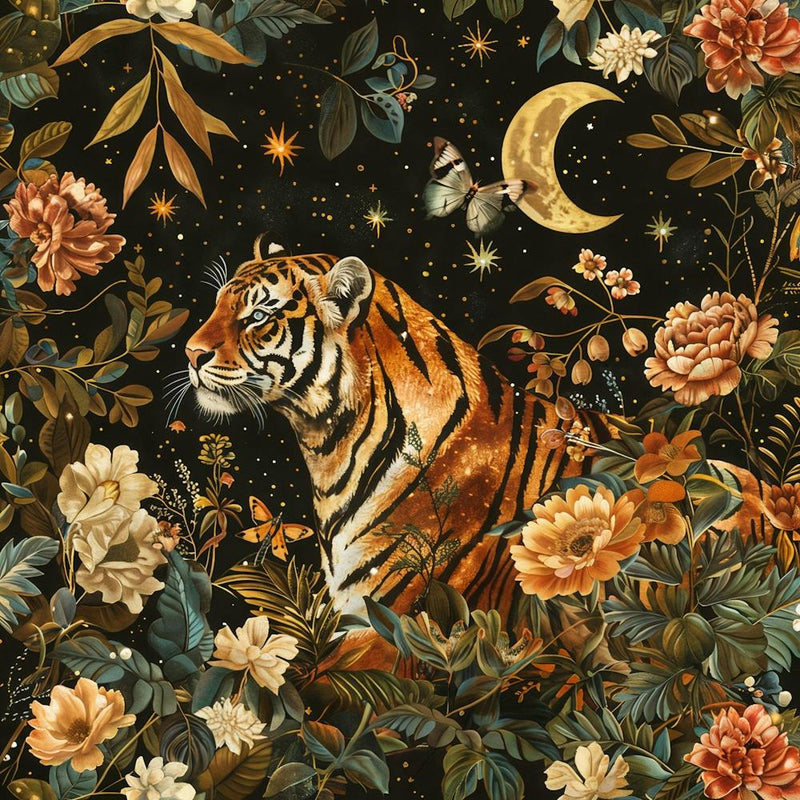 Vintage Boho Dark Academia Tiger in Night Flower Forest Under the Stars and Moon