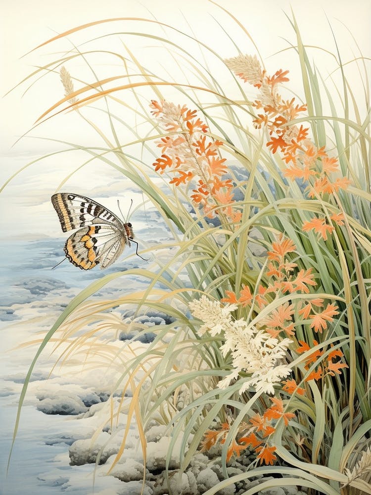 Butterflies In Wild Flowers Japanese Style Painting 1