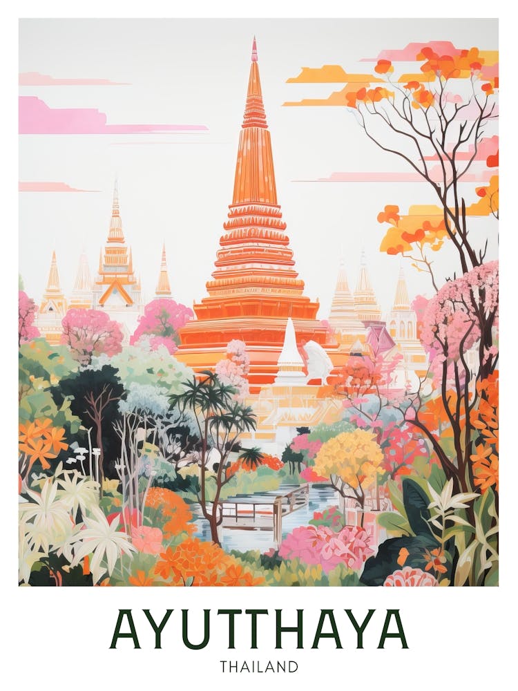Ayutthaya, Thailand Maximalist Travel Poster Vibrant Colour