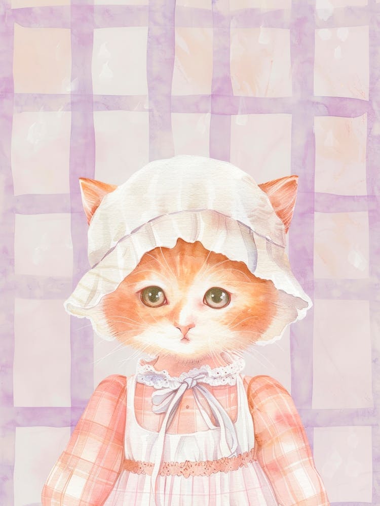 Shabby Chic Cute Baby Kitten in a Dress and Cap. Whimsical Vintage Illustration, Kids Room