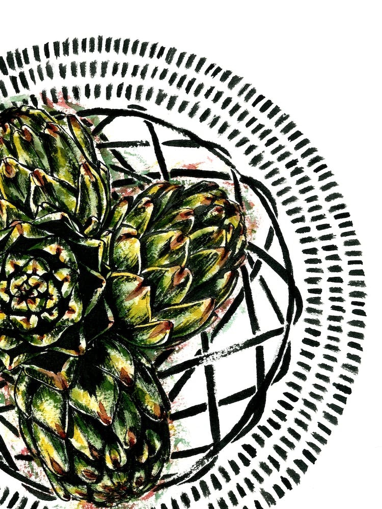 Watercolor and Ink Kitchen Fruit Illustration of Green Artichoke on a Plate