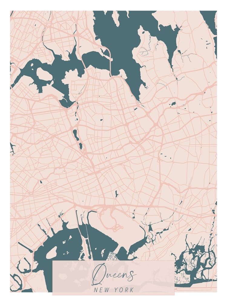 Queens New York Pink and Blue Cute Script Street Map 1