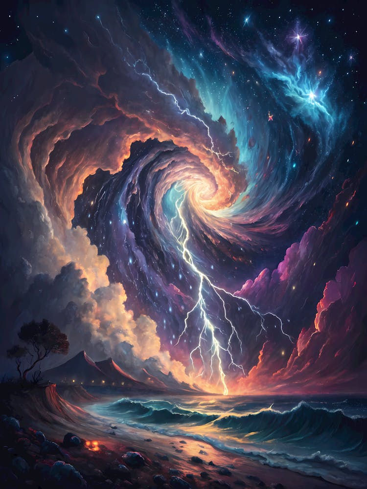 A Cosmic Storm with Swirling Energy Oil Painting Style