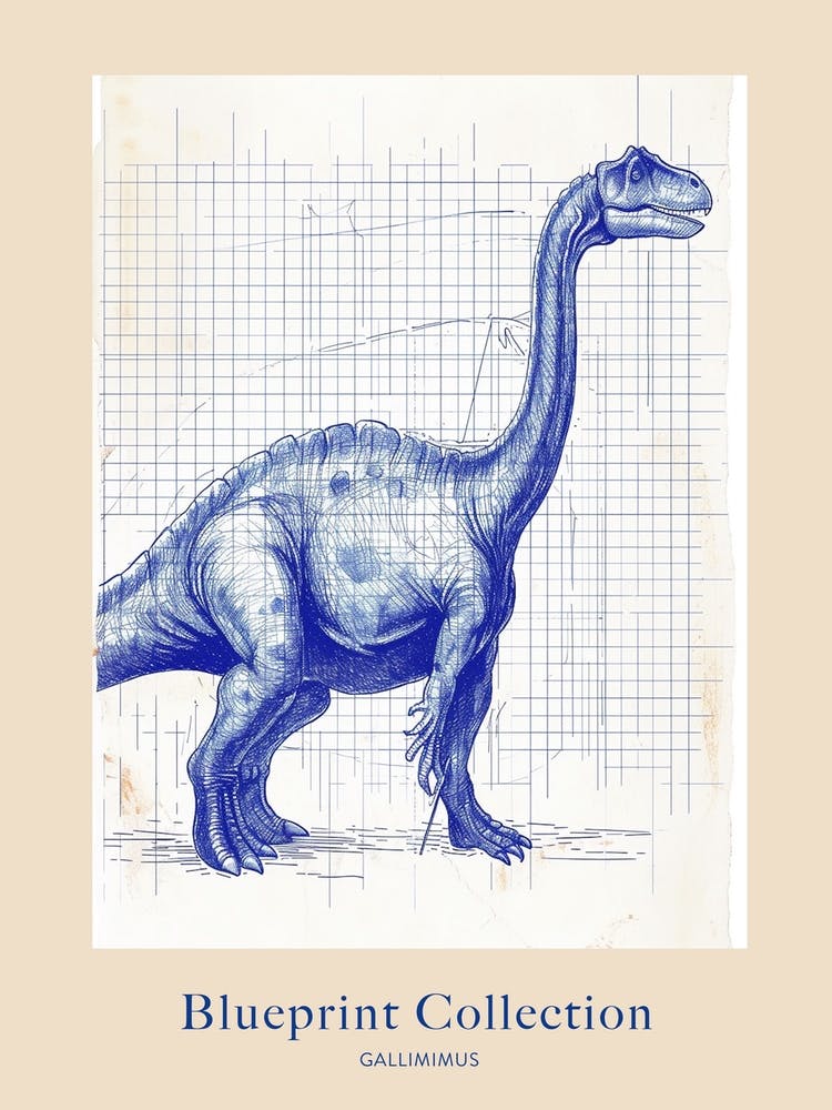 Gallimimus Dinosaur Blue Print Sketch 1 Poster