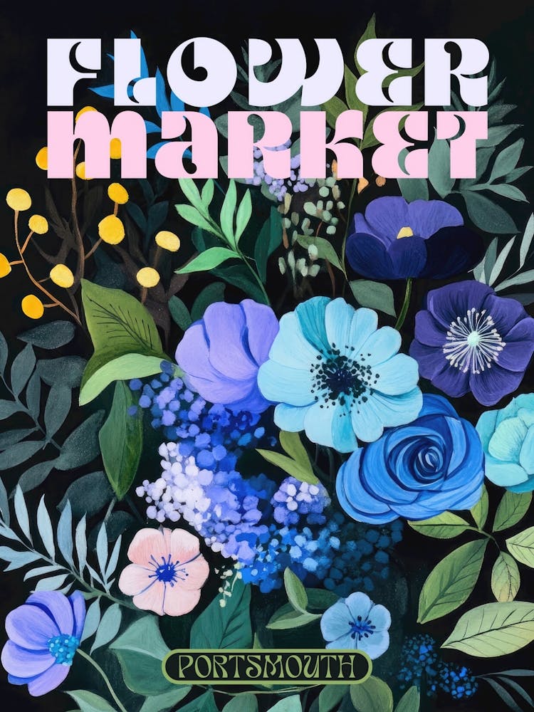Portsmouth city print flower market poster in dark blues, retro aesthetic floral illustration with 70s style typography, vintage travel prints perfect for eclectic living rooms, bedrooms, kitchens, entryways