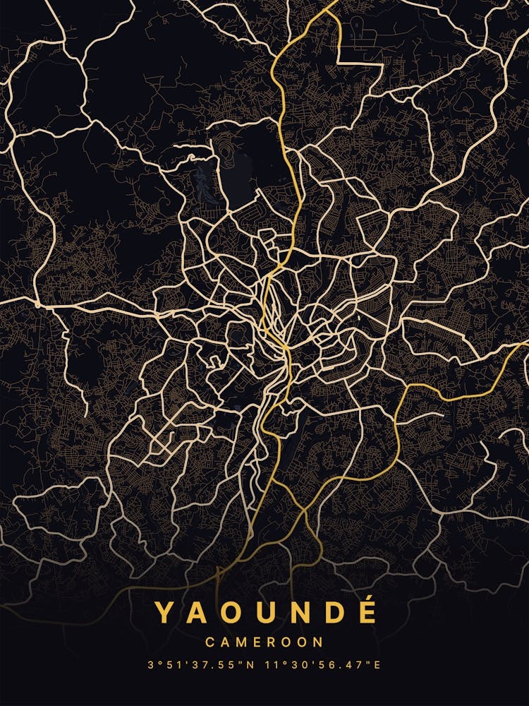 Yaounde Cameroon Black And Gold Map
