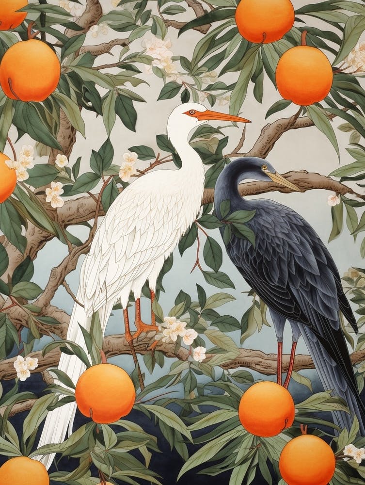 Mandarin Oranges And Cranes 2 Vintage Japanese Botanical