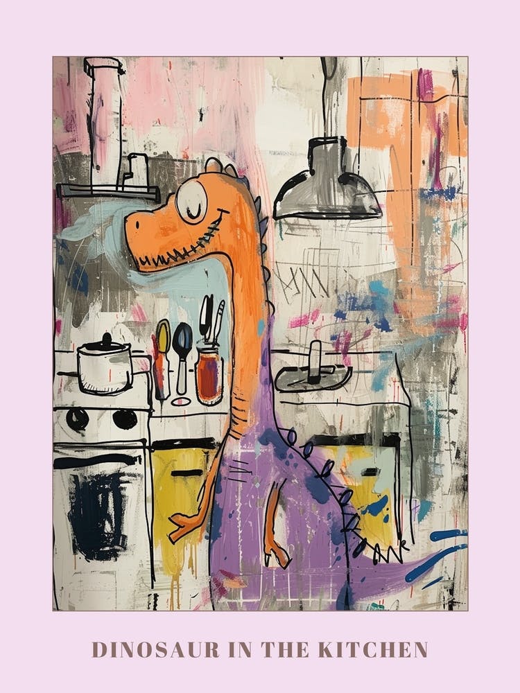 Abstract Purple Graffiti Style Dinosaur In The Kitchen 1 Poster