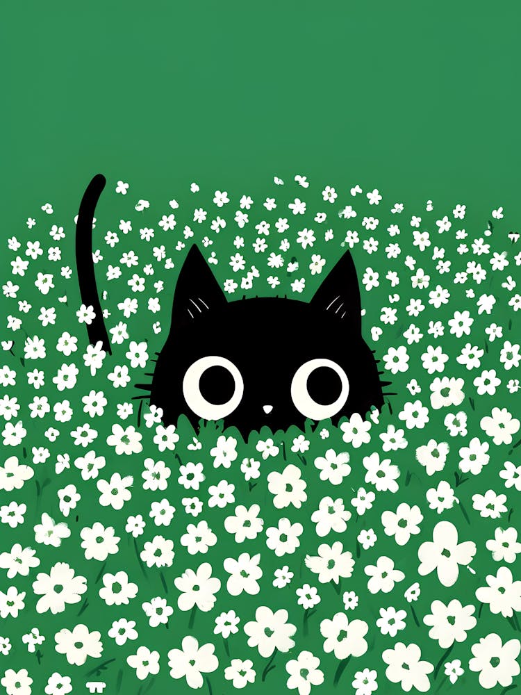 Black Cat In Daisies Meadow Hand Drawn