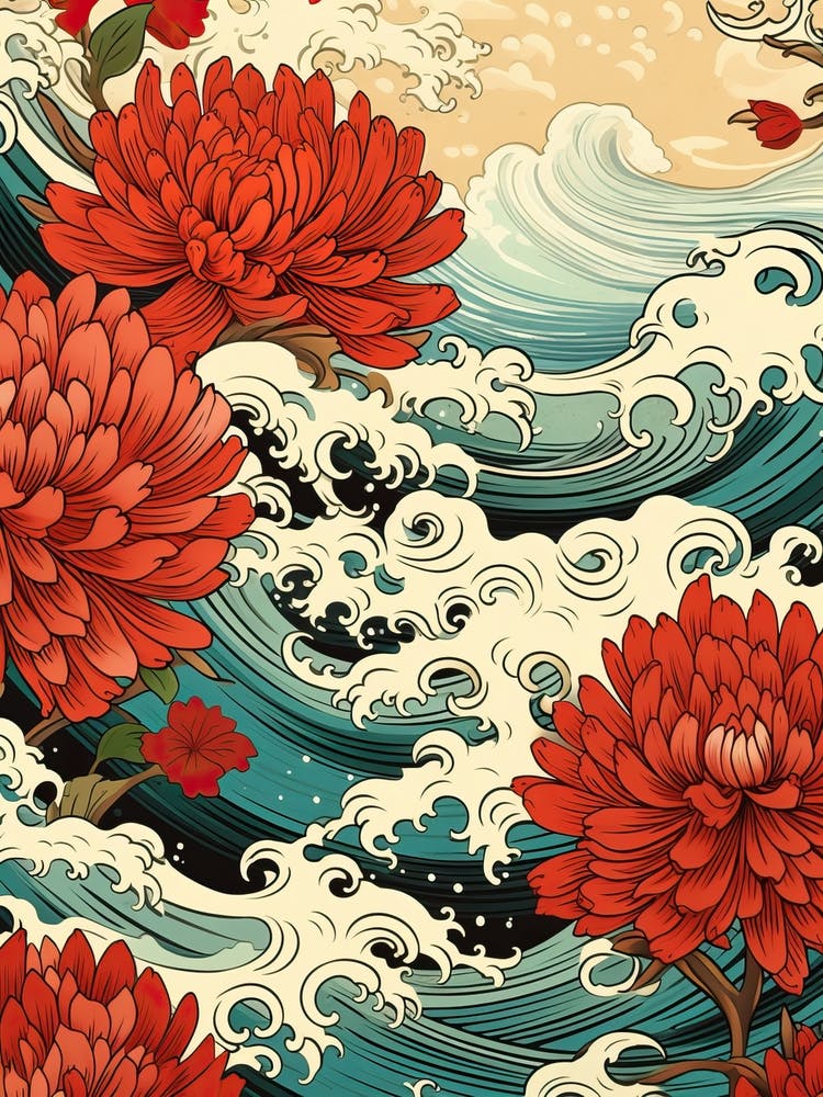 Great Wave With Dahlia Flower Drawing In The Style Of Ukiyo E 4