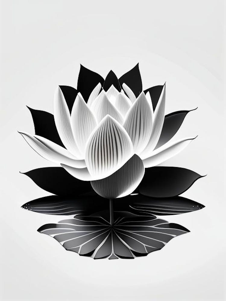 Blooming Lotus Flower In Pond Black And White Geometric 7