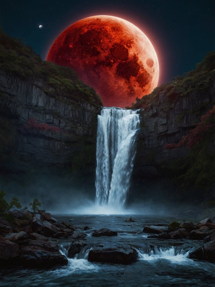 Blood Moon Over Waterfall