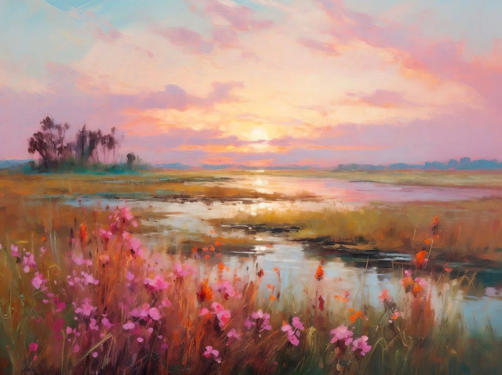 Wildflower Field Landscape Oil Painting, Vintage Sunset Landscape, Neutral Country Field Wall Art Digital Download, Printable Art
