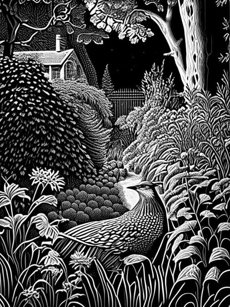 Chanticleer Garden, 1, Usa Linocut Black And White Vintage
