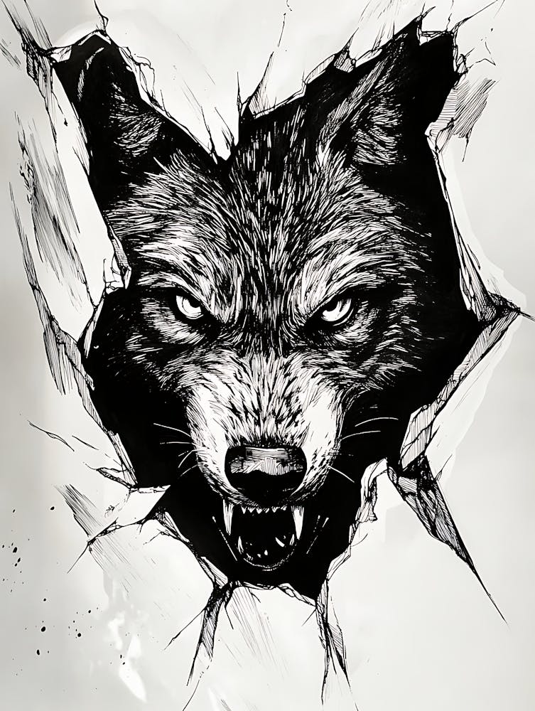 Angry Wolf Watching from Wall Hole 17