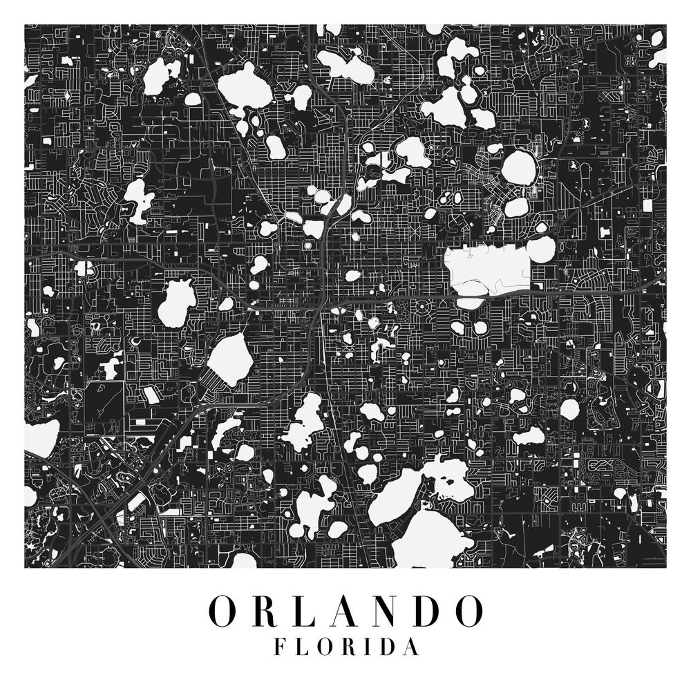 Orlando Florida Minimal Black Mono Street Map  Square