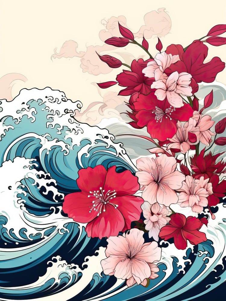 Great Wave With Hibiscus Flower Drawing In The Style Of Ukiyo E 4