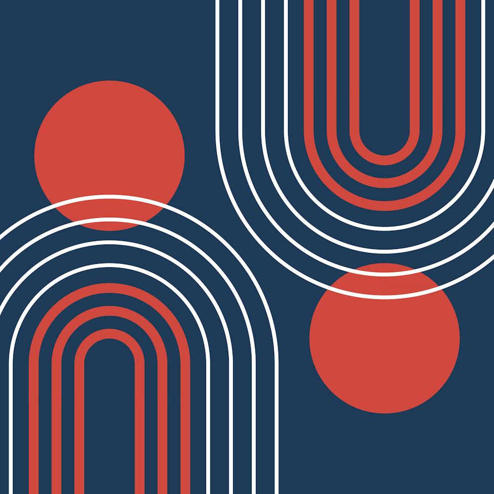 Mid Century Modern Geometric B36 In Navy Blue And Clear Red (Rainbow And Sun Abstract) 02