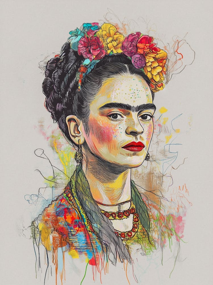 Emotionale Frida Kahlo Skizze, Farbige Bleistift-Zeichnung