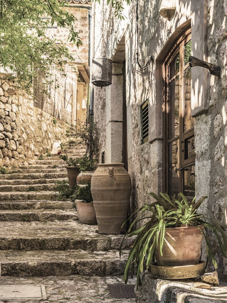 Idyllic view of mediterranean house with potted plant decoration